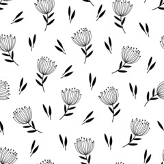 Monochrome endless seamless floral pattern with leaves and flowers in doodle style