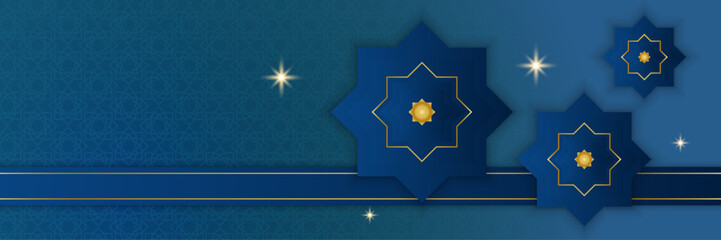 Ramadan Kareem Banner Background with moon, islamic pattern, lantern. Gold moon and abstract luxury islamic elements background