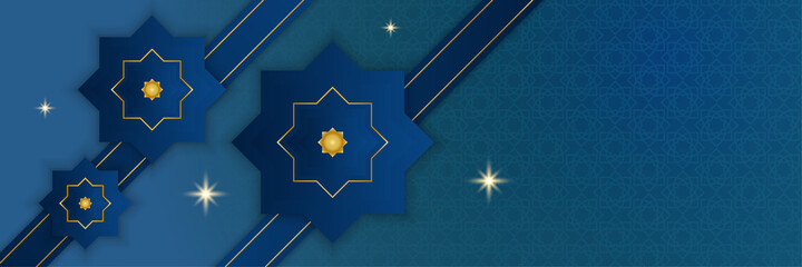 Ramadan Kareem Banner Background with moon, islamic pattern, lantern. Gold moon and abstract luxury islamic elements background