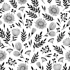 Papier Peint photo Noir et blanc Modèle sans couture monochrome sans fin avec des fleurs et des feuilles dans un style doodle