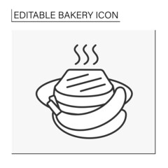  Baking line icon. Banana bread on a plate. Tasty freshly sweet dessert with banana flavor. Bakery concept. Isolated vector illustration.Editable stroke