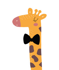Cute Abstract Nursery Vector Illustration with Funny Hand Drawn Giraffe with Black Bow and Long Neck Isolated on a White Background. Safari Party Print ideal for Card, Wall Art, Invitation, Poster.