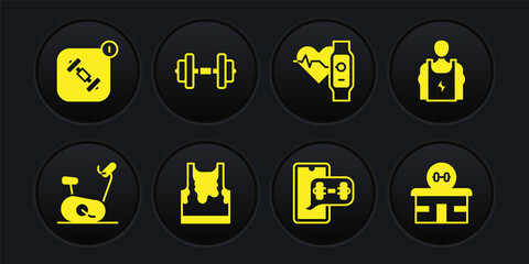 Set Stationary bicycle, Bodybuilder, Sweaty sleeveless t-shirt, Fitness app, Smart watch with heart, Dumbbell, Gym building and icon. Vector