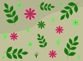 Light brown background with red flowers, green branches. Background for screen, paper, fabric.