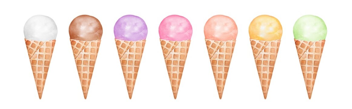 Watercolor illustration set of waffle cones with various multi colored Ice Cream balls. Hand painted watercolour graphic drawing, cut out clip art elements for design, banner, menu, party invitation.