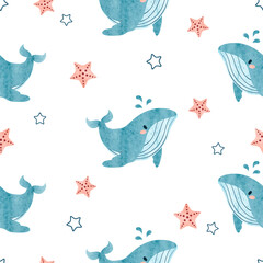 Seamless watercolor pattern with little blue whales. Vector baby shower background.	 - 480157663