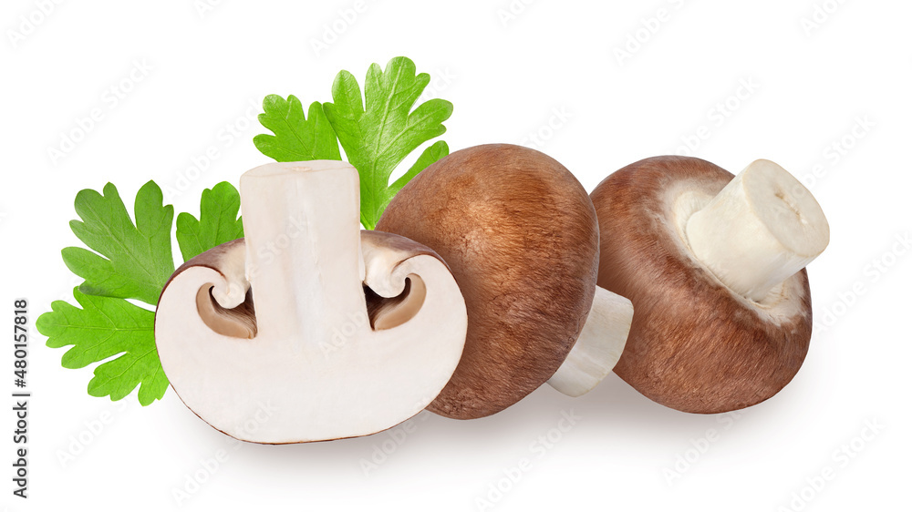 Wall mural fresh brown champignons with parsley isolated on white background. full depth of field. - Wall murals