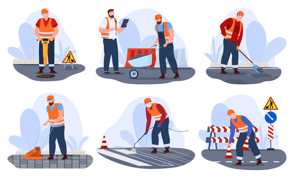Road repairing industrial workers collection vector flat illustration. Male engineer staff service