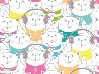 Obraz na płótnie Canvas Cute cartoon character cats with coffee, headphones, phone. Set of funny cats illustration. Seamless pattern with cat
