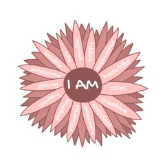 I am affirmations chamomile flower. Self love concept for women empowerment. Positive affirmative self talk to motivate.