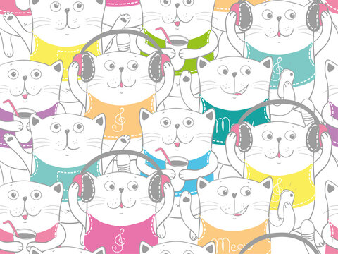 Cute cartoon character cats with coffee, headphones, phone. Set of funny cats illustration. Seamless pattern with cat
