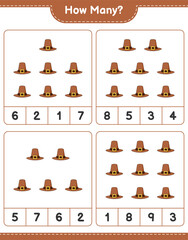 Counting game, how many Hat. Educational children game, printable worksheet, vector illustration