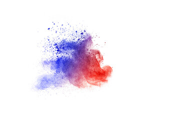 Blue and red powder explosion on white background.