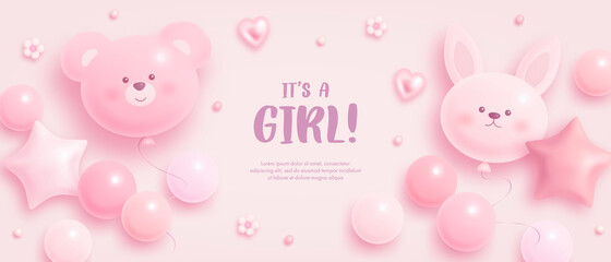 Baby shower horizontal banner with cartoon bear, rabbit, helium balloons and flowers on pink background. It's a girl. Vector illustration - obrazy, fototapety, plakaty