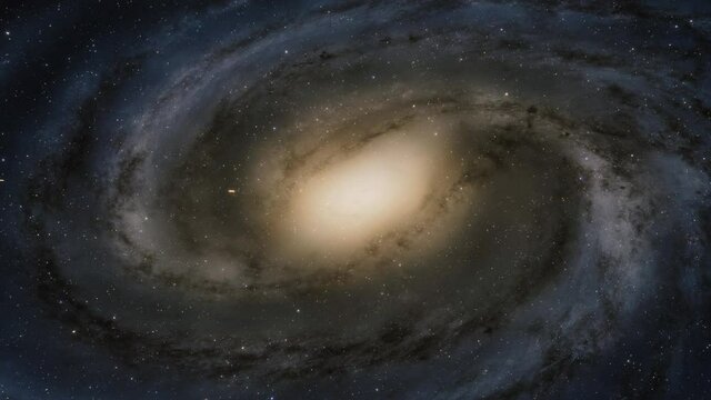 Starship flies at the speed of ligh near the center of the Milky Way galaxy in space. Billions of stars in Andromeda galaxy. Highly detailed 4k cinematic model of galaxy and arms of stars