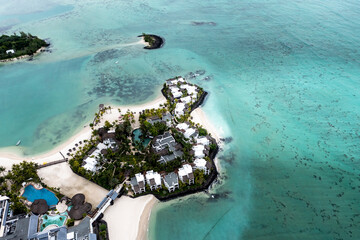 Aerial view, bay at Grand Port, Hotel Shangri-la le Touessrok, ile Chat, il aux Cerfs, Flacq,...