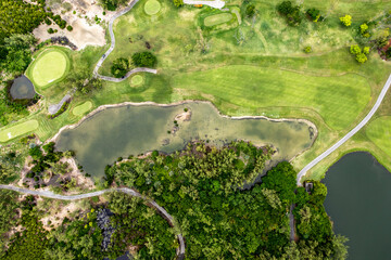 Aerial view, bay at Grand Port, il aux Cerfs with golf course, Flacq, Mauritius, Africa