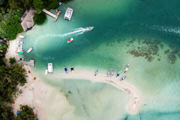 Aerial view, bay at Grand Port, il aux Cerfs with bays, sandbanks, and water sports, Flacq, Mauritius, Africa
