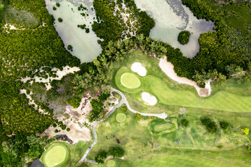 Aerial view, bay at Grand Port, il aux Cerfs with golf course, Flacq, Mauritius, Africa