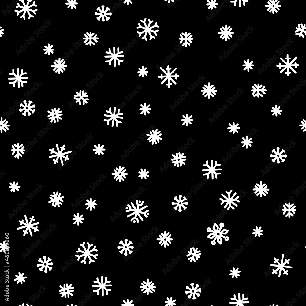 Poster seamless pattern of white snowflakes on a black background. simple pattern for backdrops, wrapping p