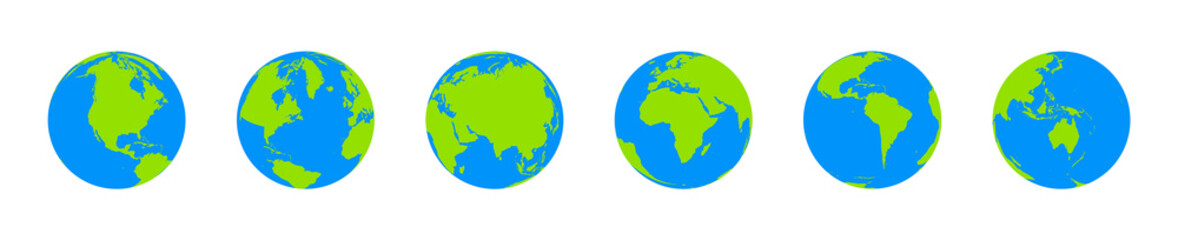 Globe of world, earth. Vector transparent 3d world map icons on background. Europe, Asia, Africa, America, Australia on globus. Set of global planets, simple flat spheres in black color illustration