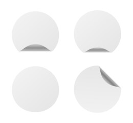 Paper round white stickers, circle labels. Vector mockup of blank peel-off with adhesive. 3D icon, mockup tag with folds. Templates of curl sticky note with shadow isolated on background for price.