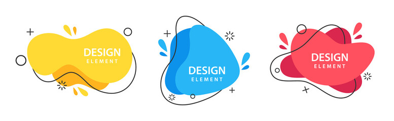 Liquid abstract shape designs. Vector fluid modern geometrical background, banners. Splash element templates. Color dynamic line logo, poster.Wave, flow flat frames, memphis minimal curvy pattern set