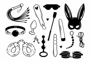 Fototapeta Set of fetish tools. Collection of BDSM products for role-playing games, eye mask, handcuffs, leather whip, rope, etc. Vector illustrations of sex toys for an adult store. Sexual outfit. obraz
