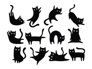 Muurstickers Set of black cats. Collection of silhouette of funny cats in different poses. Vector illustration isolated on white background. Drawing with children. © panaceaart