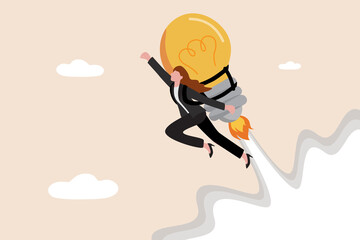 Idea, innovation and creativity help boost productivity and motivation to reach success goal, career development and business growth concept, confident businesswoman with lightbulb jetpack flying high - obrazy, fototapety, plakaty