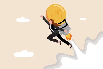 Foto op Plexiglas Idea, innovation and creativity help boost productivity and motivation to reach success goal, career development and business growth concept, confident businesswoman with lightbulb jetpack flying high © Nuthawut