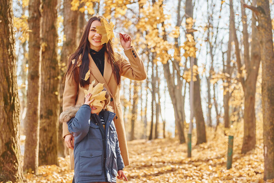 Cheerful woman and boy. Mother with her son is having fun outdoors in the autumn forest