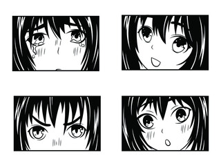 Set of an anime girl. Collection of cartoon emotion girls. Cute anime comics. Manga style. Set of Japanese cartoon. Anime characters. Vector illustration on white background. Tattoo.