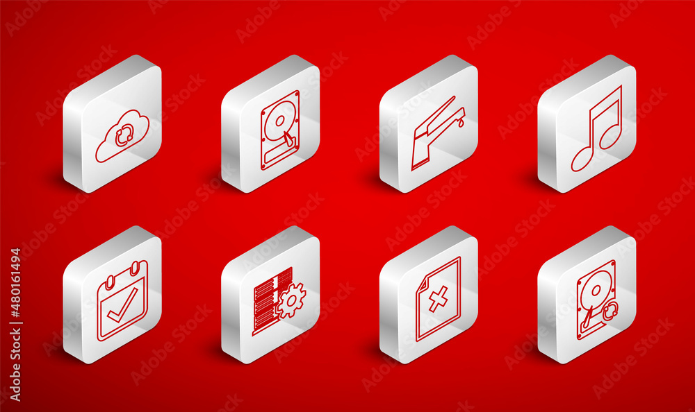 Poster set line hard disk drive hdd sync refresh, water tap, music note, tone, delete file document, cloud,