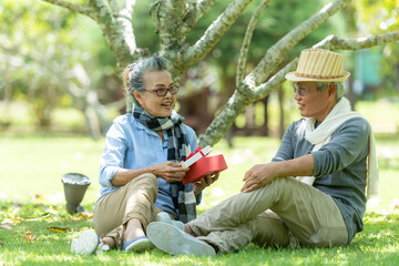 Asian Lifestyle senior couple surprise gift for special day  in the nature park happy and relax...