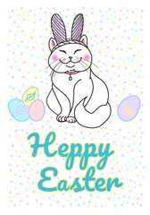 Vector cartoon style illustration of Easter day. Easter cat with bunny ears. Cute Easter character. Happy easter. Greeting card. For holiday products. 