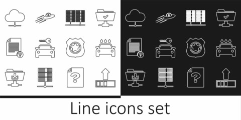 Set line Loading, Car wash, Server, Data, Web Hosting, rental, Unknown document, Network cloud connection, Police badge and UFO flying spaceship and alien icon. Vector