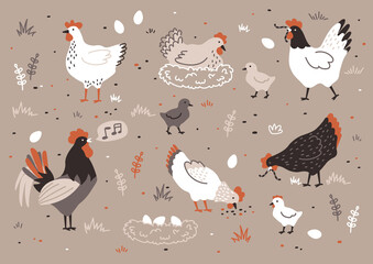 Set of colorful hen, chicken, chick, rooster and nest with eggs. Chicken farm. Cartoon. Cozy vector illustration. © FRIEVA
