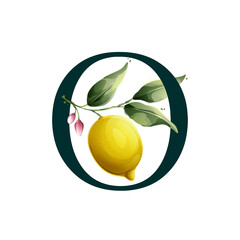 O letter logo with lemons in vector watercolor style. Illustration of green leaves, flowers, buds, and branches.