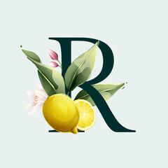 R letter logo with lemons in vector watercolor style. Illustration of green leaves, flowers, buds, and branches.
