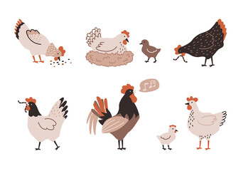 Set of colorful hen, chicken, chick, rooster and nest with eggs. Chicken farm. Cartoon. Cozy vector illustration isolated on white background.
