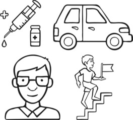 Icon Set Medical Rehabilitation Human Recovery, Hand Drawn Vector