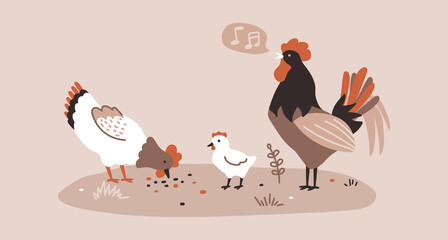 The hen and the chick peck at the grains and the rooster crows. Chicken farm. Cartoon. Cozy vector illustration.