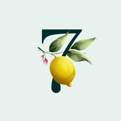 Number seven logo with lemons in vector watercolor style. Illustration of green leaves, flowers, buds, and branches.