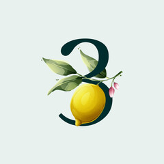 Number three logo with lemons in vector watercolor style. Illustration of green leaves, flowers, buds, and branches.