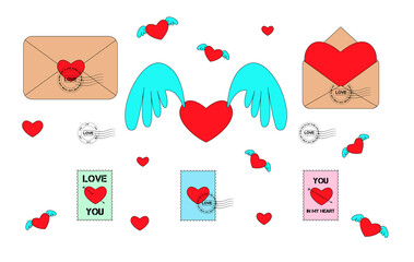vector illustration of love mail,stamps, letters,hearts, valentine's day, February 14