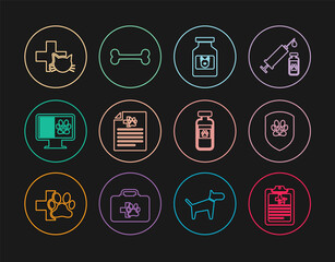Set line Clinical record pet, Animal health insurance, Dog medicine bottle, Medical certificate for dog cat, on monitor, Veterinary clinic, Pets vial medical and bone icon. Vector
