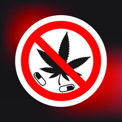 No drugs allowed. No capsule, marijuana, cannabis, tobacco, cocaine and other drugs. Red forbidden symbol.. Eps10 vector illustration