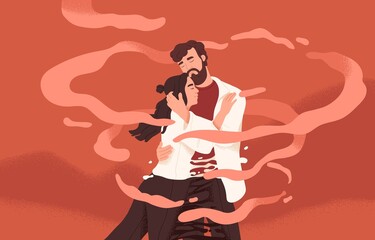 Love couple embracing. Romantic bonding relationships and romance concept. Man and woman lovers hug with passion and tenderness. Two enamored valentines, soul mates. Colored flat vector illustration