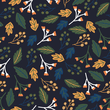 Dark moody floral seamless vector pattern. Autumn leaves berries repeating botanical background green white blue nature shapes on black. For cards, wrapping paper, wallpaper, fabric, textiles